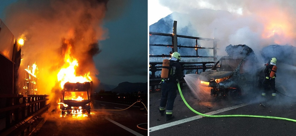Paura in A22, furgone completamente avvolto dalle fiamme